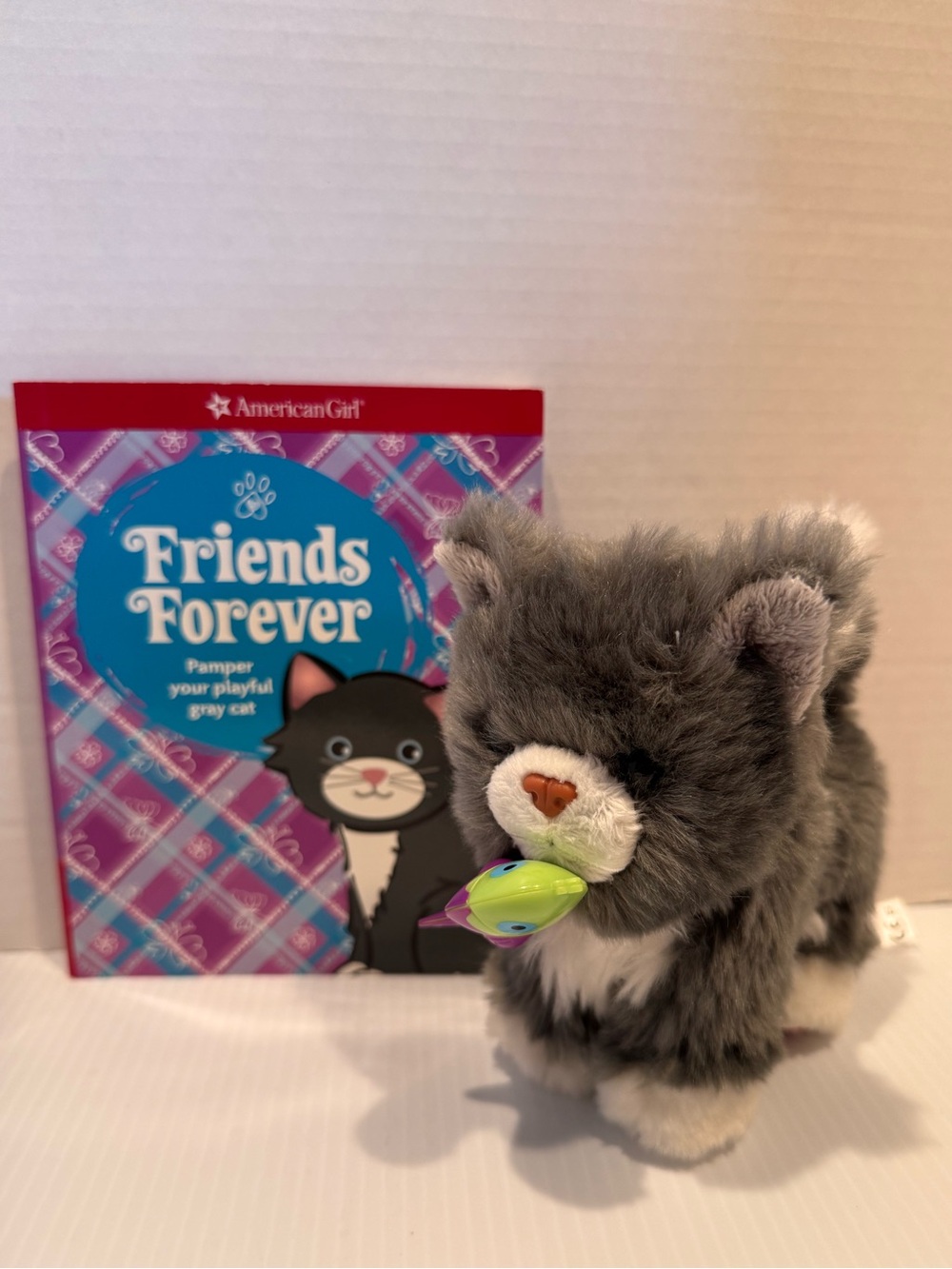 American Girl Doll Grey Cat with book and magnetic fish.